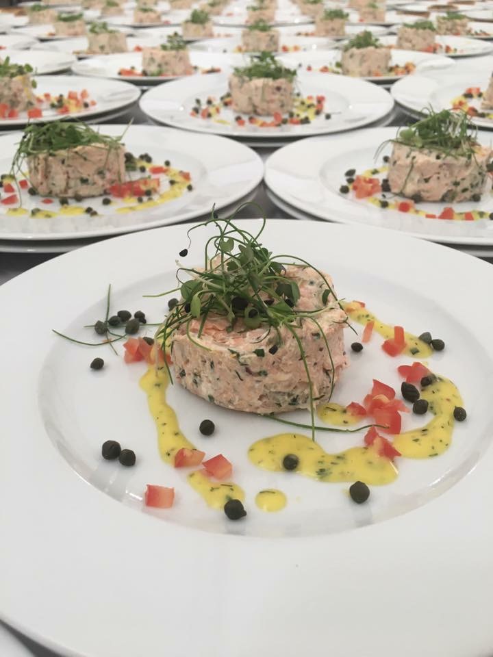 Dine Events | Starter | Oak Roasted Salmon Pâté - Crème Fraiche, caper & citrus dressing with micro herbs