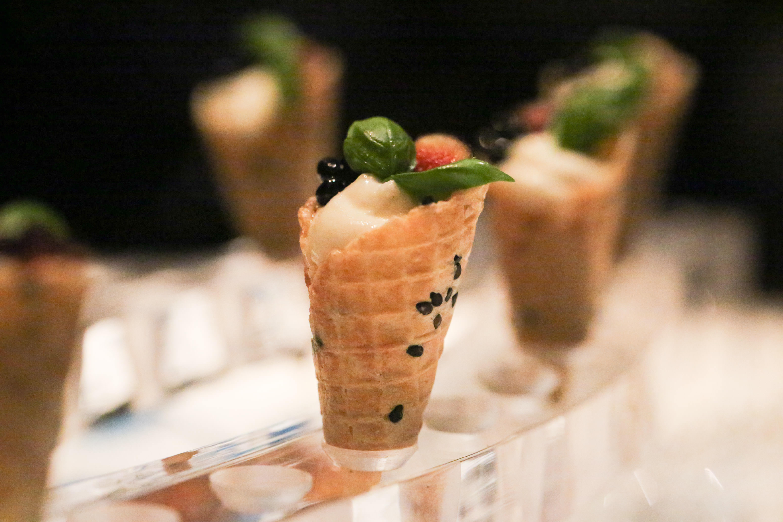 Caprini Goats Cheese Cones with Tomato & Dill Concase, Fig & Balsamic Caviar