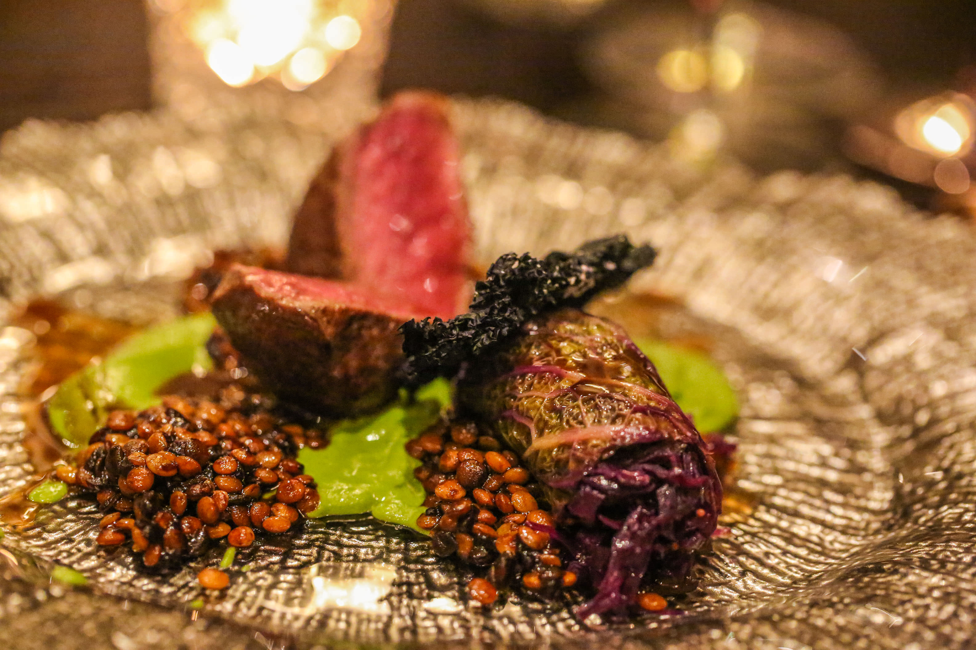 Fallow Deer with Spiced Umbrian Lentils, Choucroute, Smoked Kale & Chocolate Jus