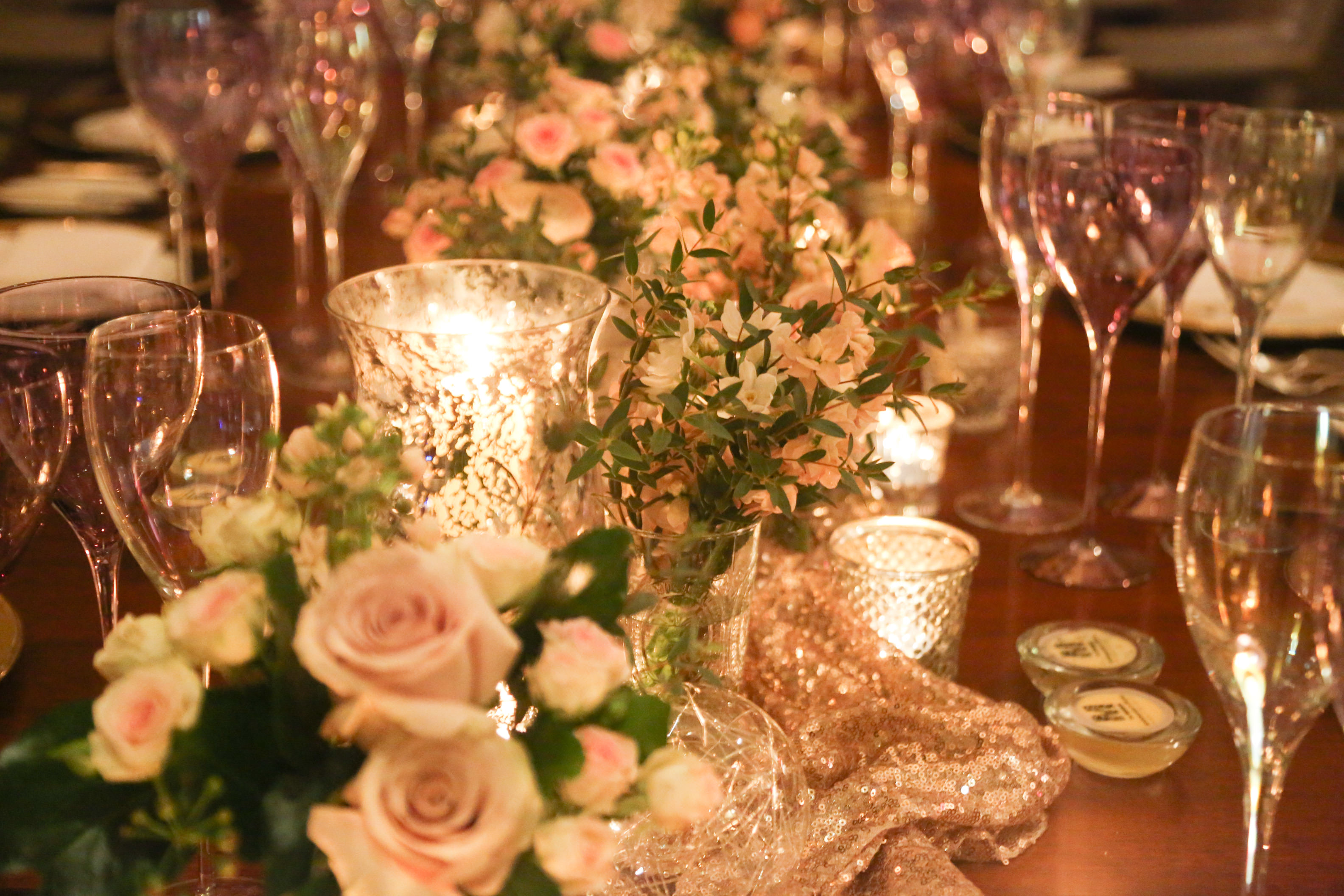 Sequin runner, candle & floral table decoration