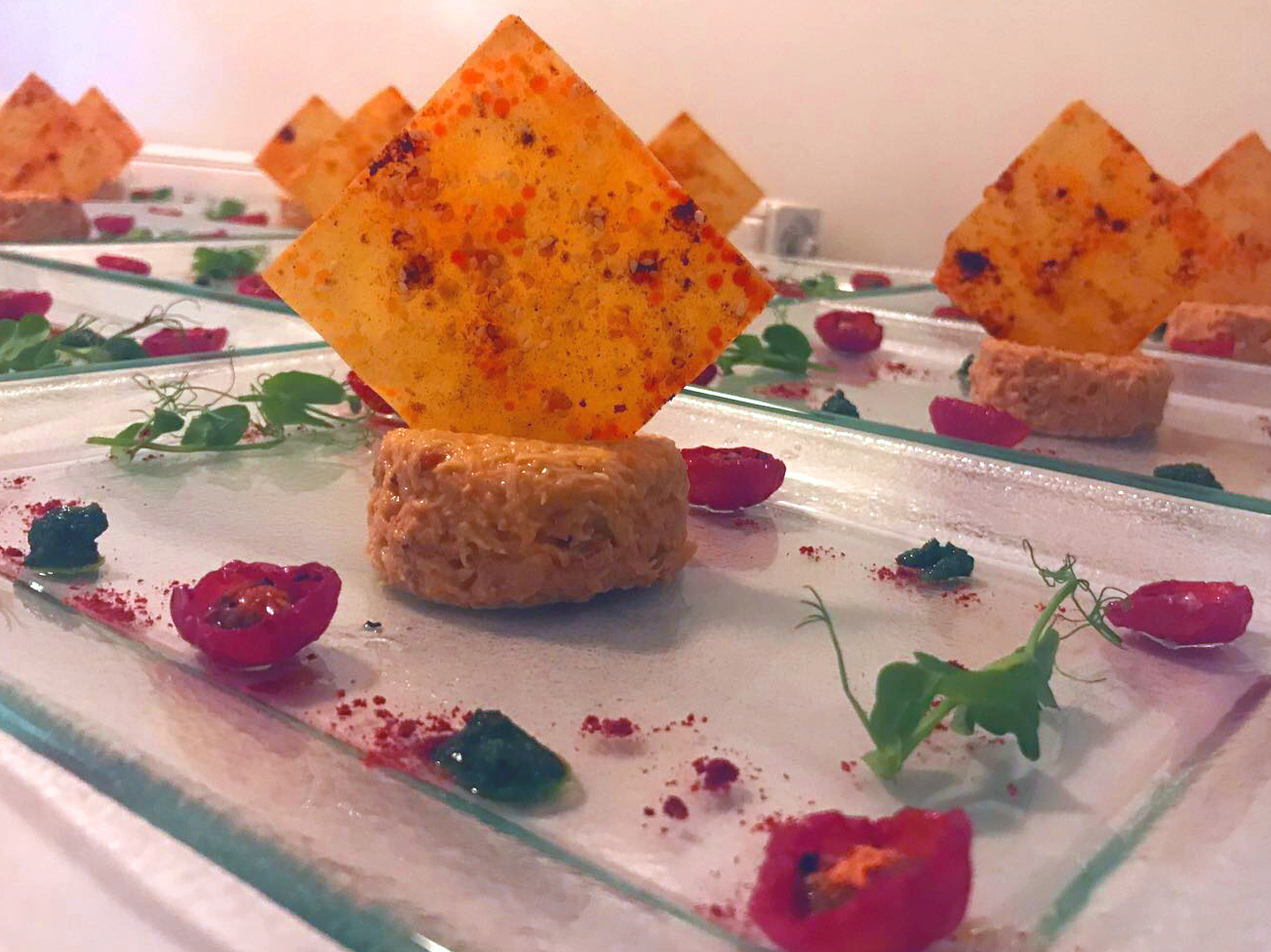 Dine Events Catering | Whitby Crab in a tomato aioli with smoked paprika wonton, marinated pomodorino tomatoes