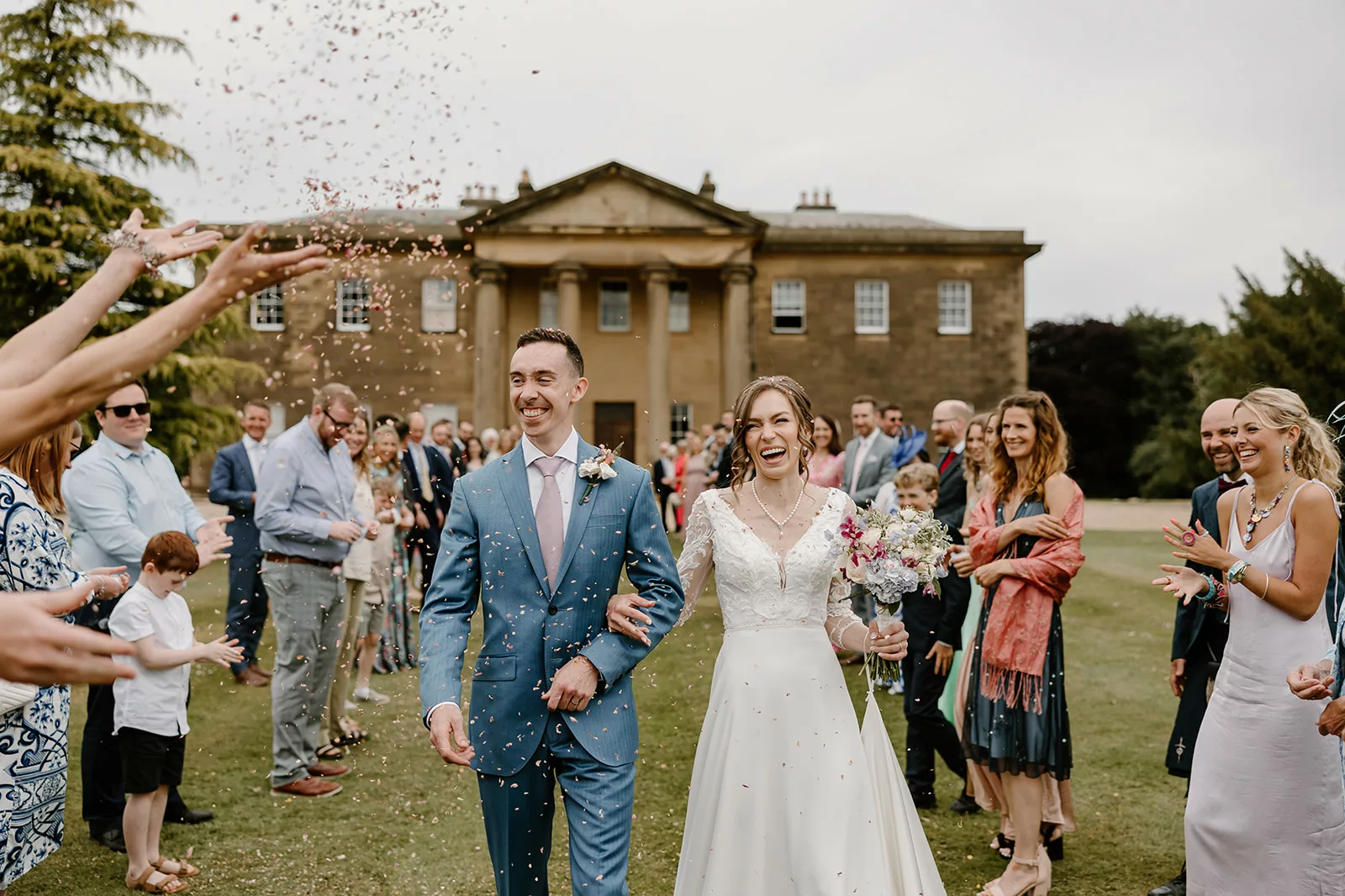 Dine Venues | Rise Hall | Summer wedding in Yorkshire | Stately home wedding venue | White wedding | Confetti